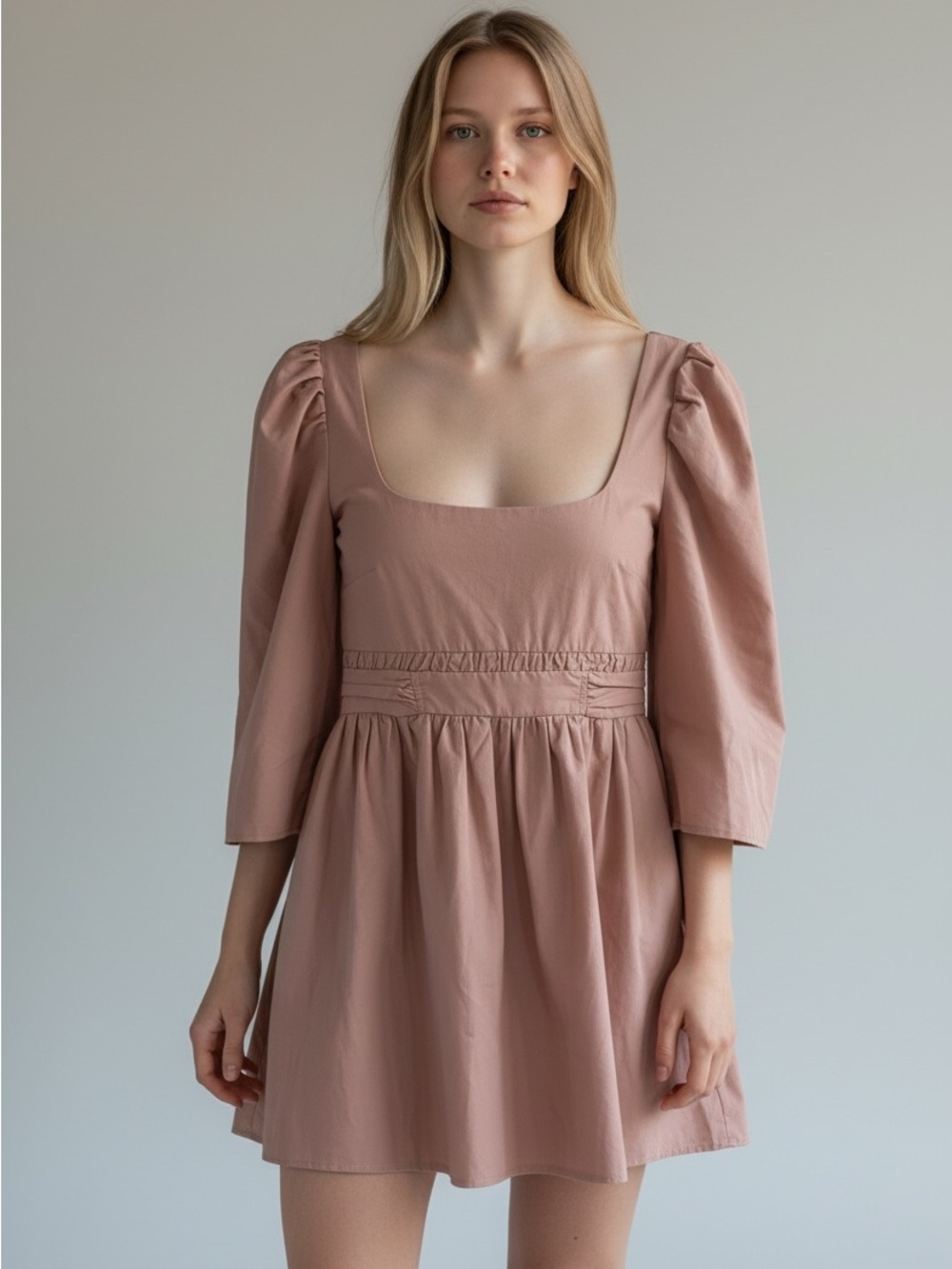 ASOS DESIGN Cocoa Brown Puff Sleeve Babydoll Mini Dress US 8